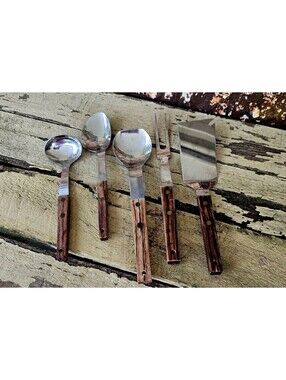 Vintage Vernco Mid Century Modern 5 pc Serving Set Stainless Japan Wood Handle